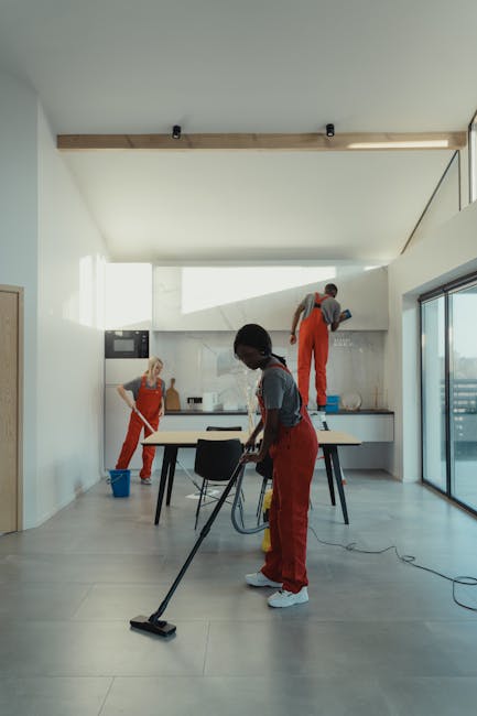 A professional domestic cleaner with blonde hair, wearing a black and white uniform, is smiling and engaged in surface cleaning activities in a bright room with sheer white curtains. She holds a trans